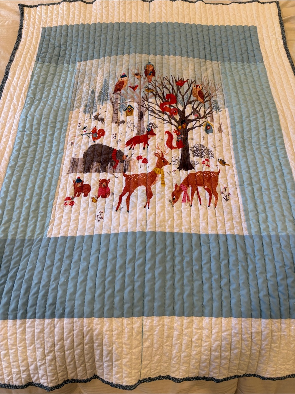 Handmade Blue & White Woodland Animals Quilted/made from a panel, whimsical - Picture 1 of 8